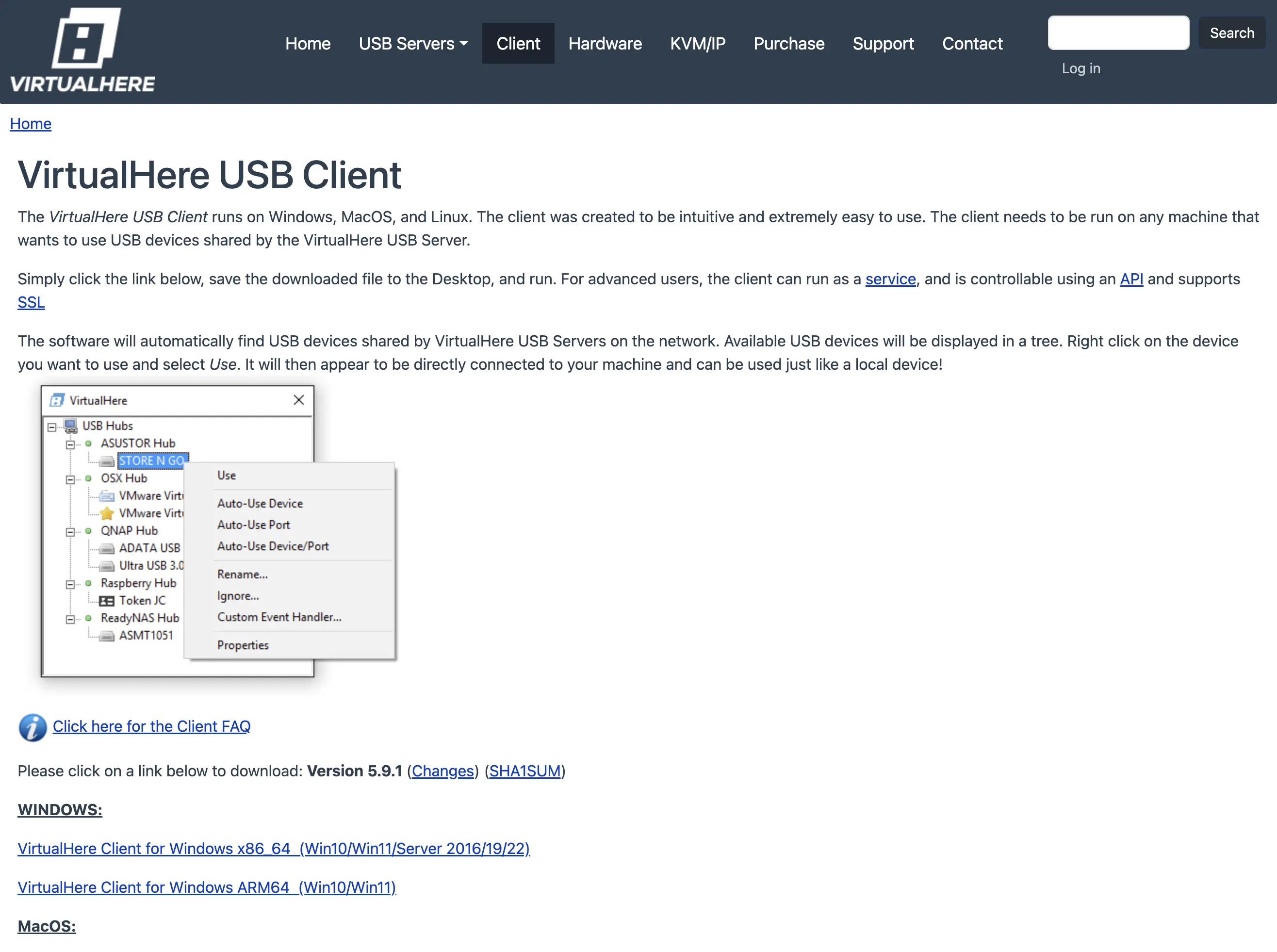 Screenshot of VirtualHere client download webpage