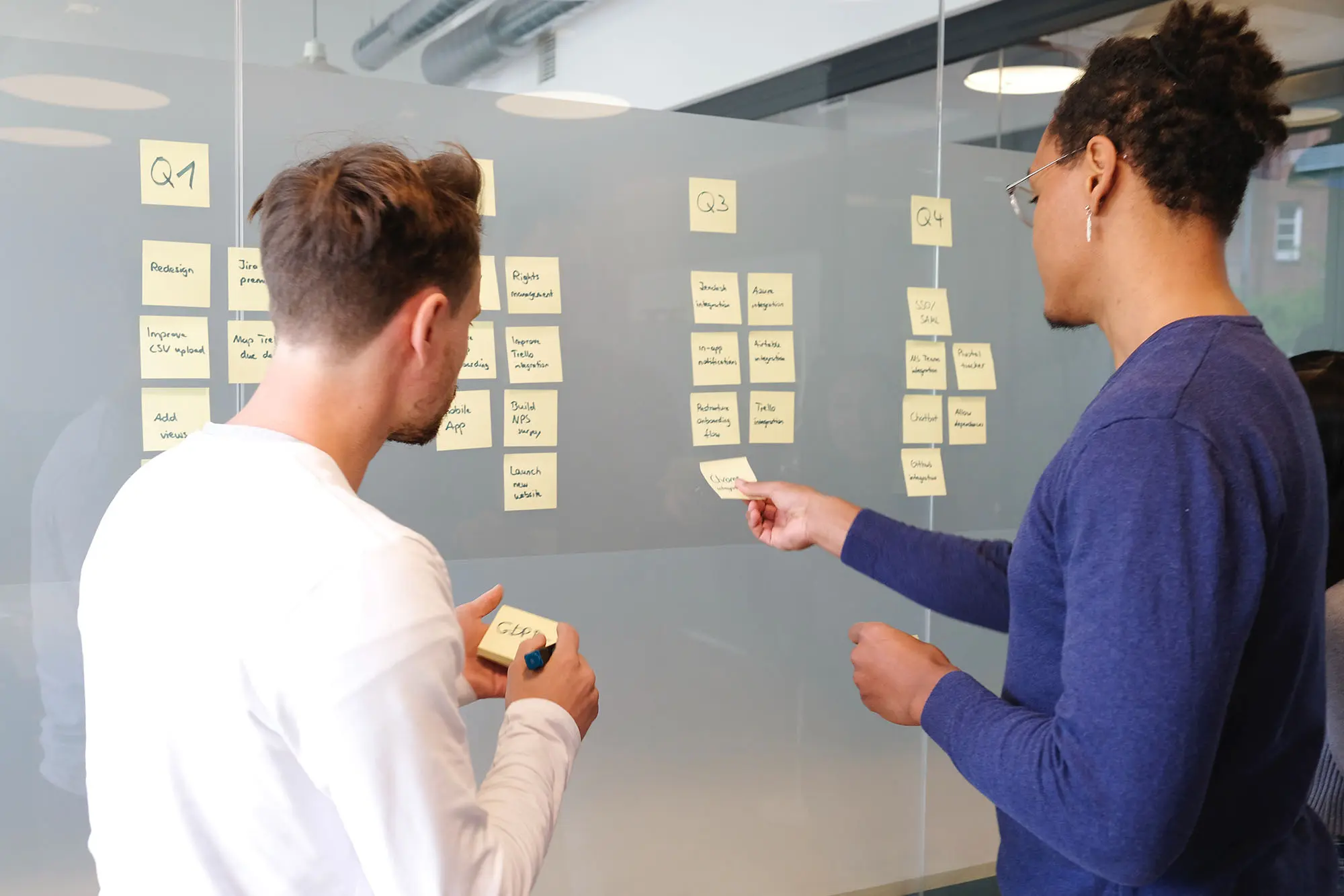 Zwei Personen stehen vor einem Projektmanagement-Board mit Post-its.