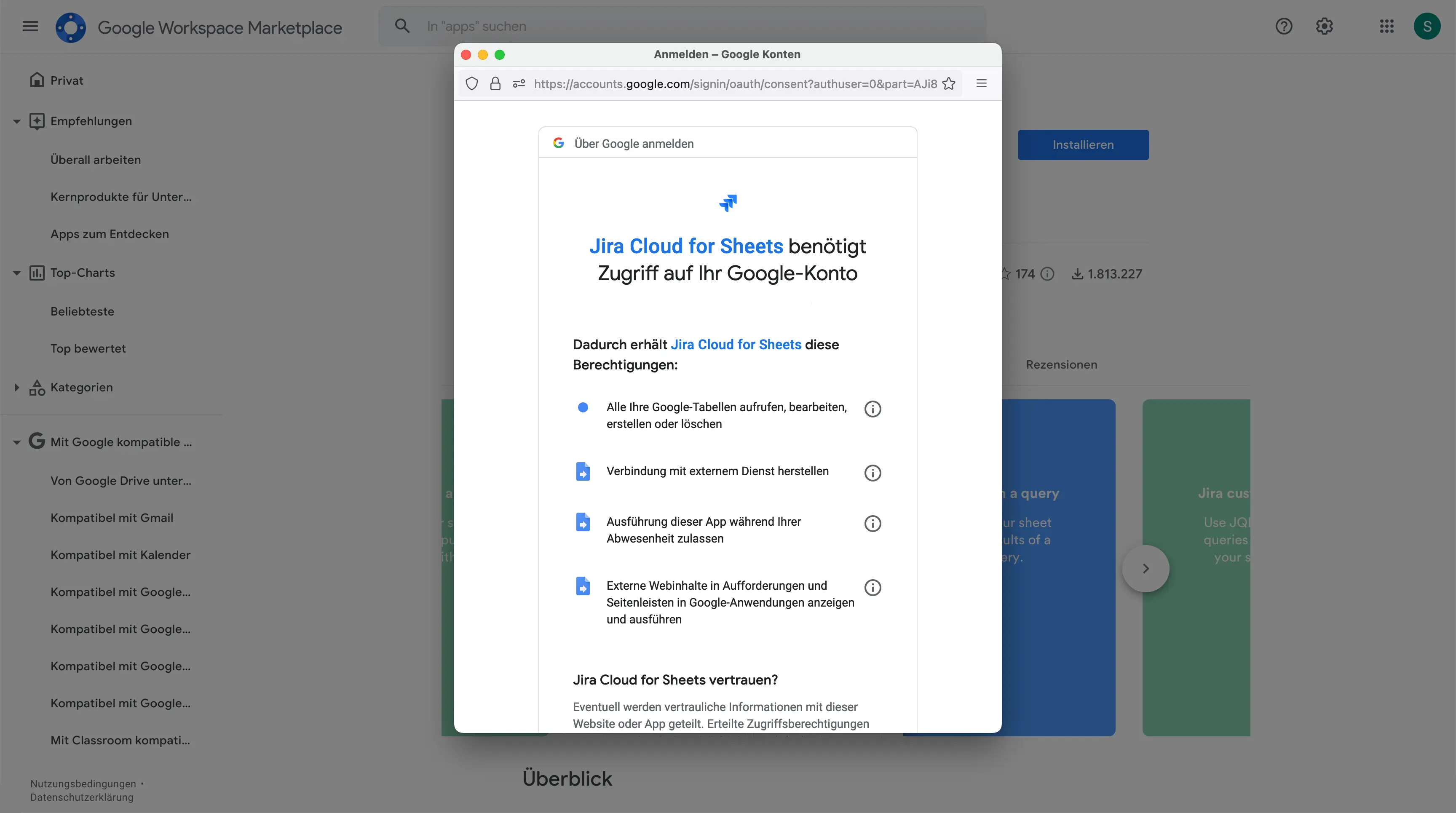 Google Sheets den Zugriff auf dein Jira-Cloud-Konto erlauben