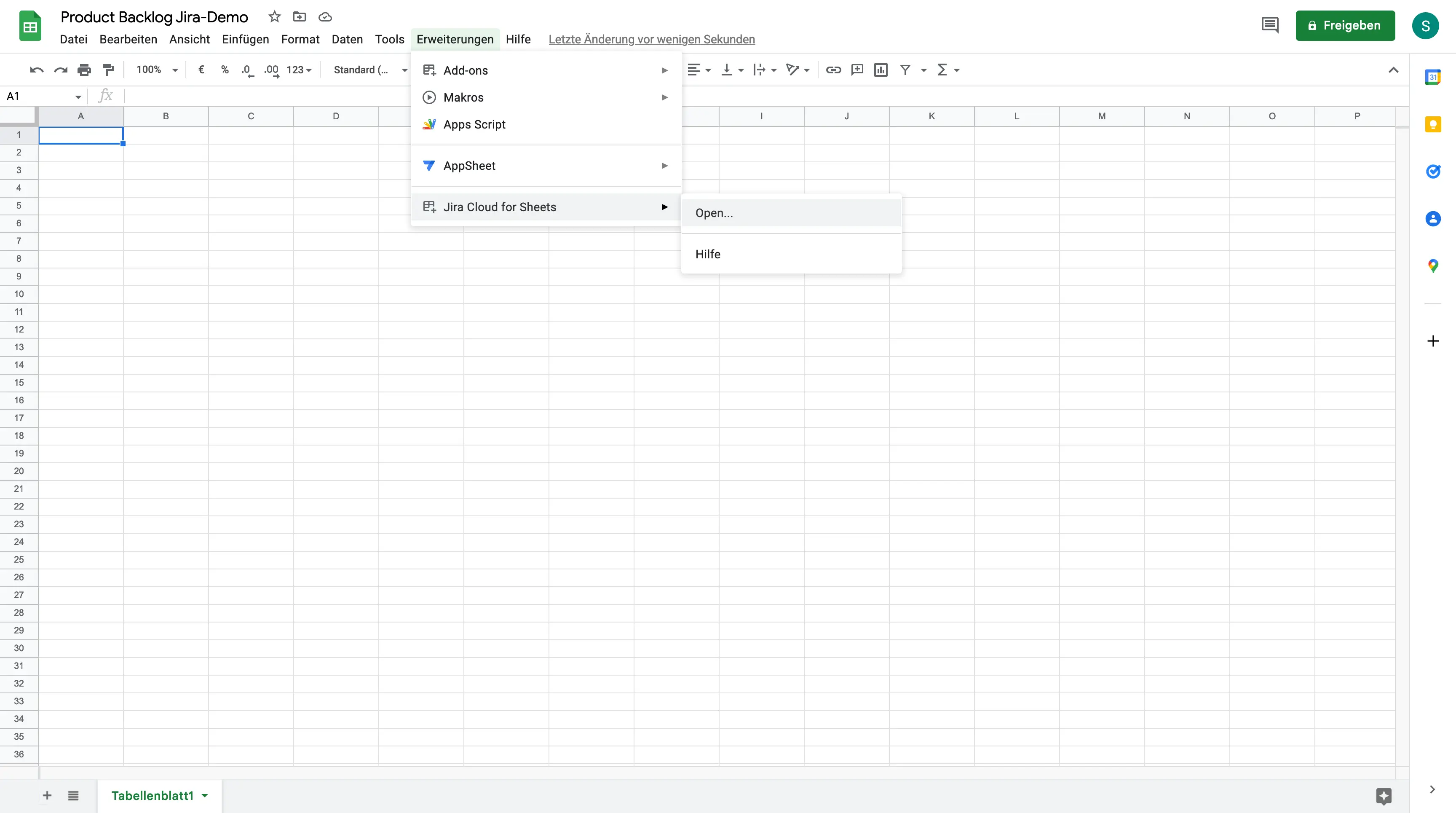 Google Sheets mit der installierten Jira-Erweiterung im Menü