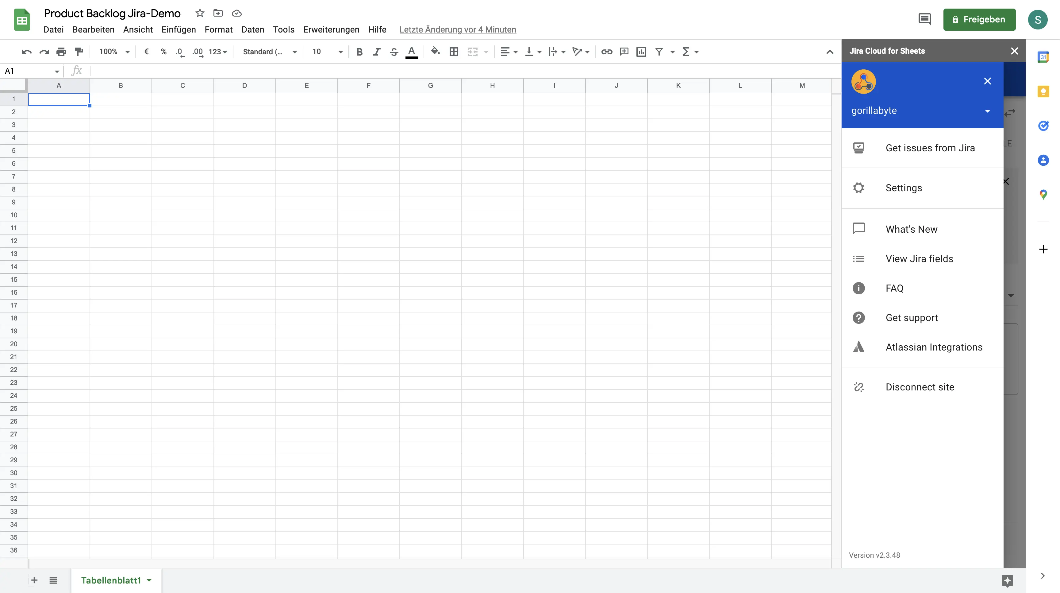 Google Sheets mit erfolgreich verbundener Jira-Erweiterung