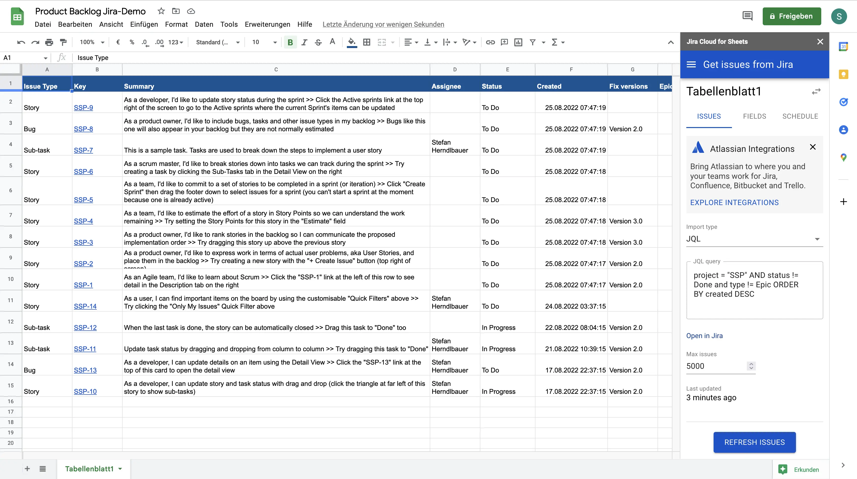 Google Sheets mit den importierten Jira-Daten