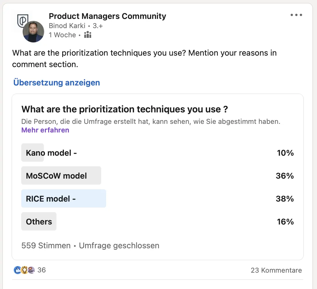 Aktuelle LinkedIn-Umfrage zur Beliebtheit von Priorisierungsmethoden