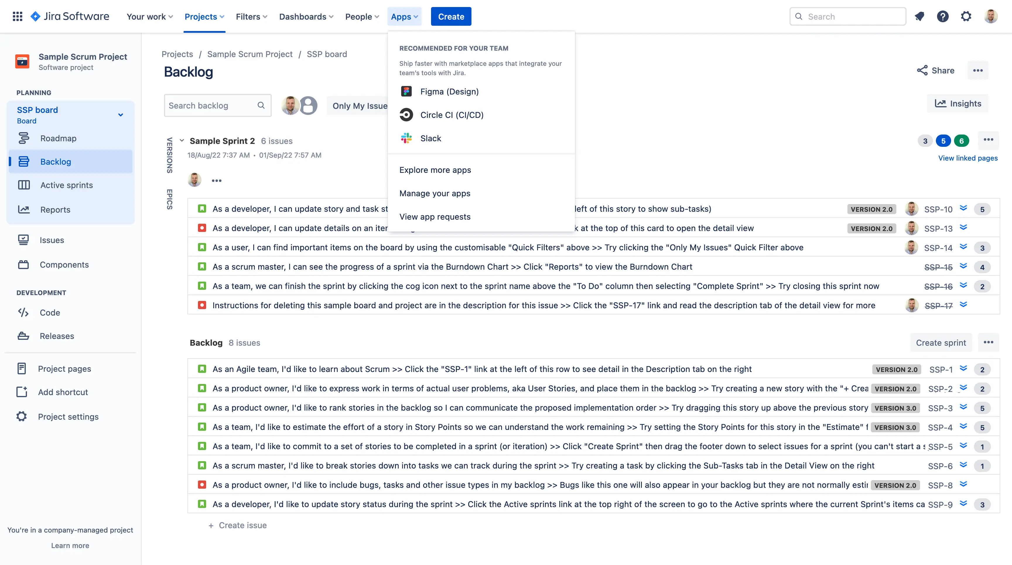 List of tasks and user stories in Jira product backlog