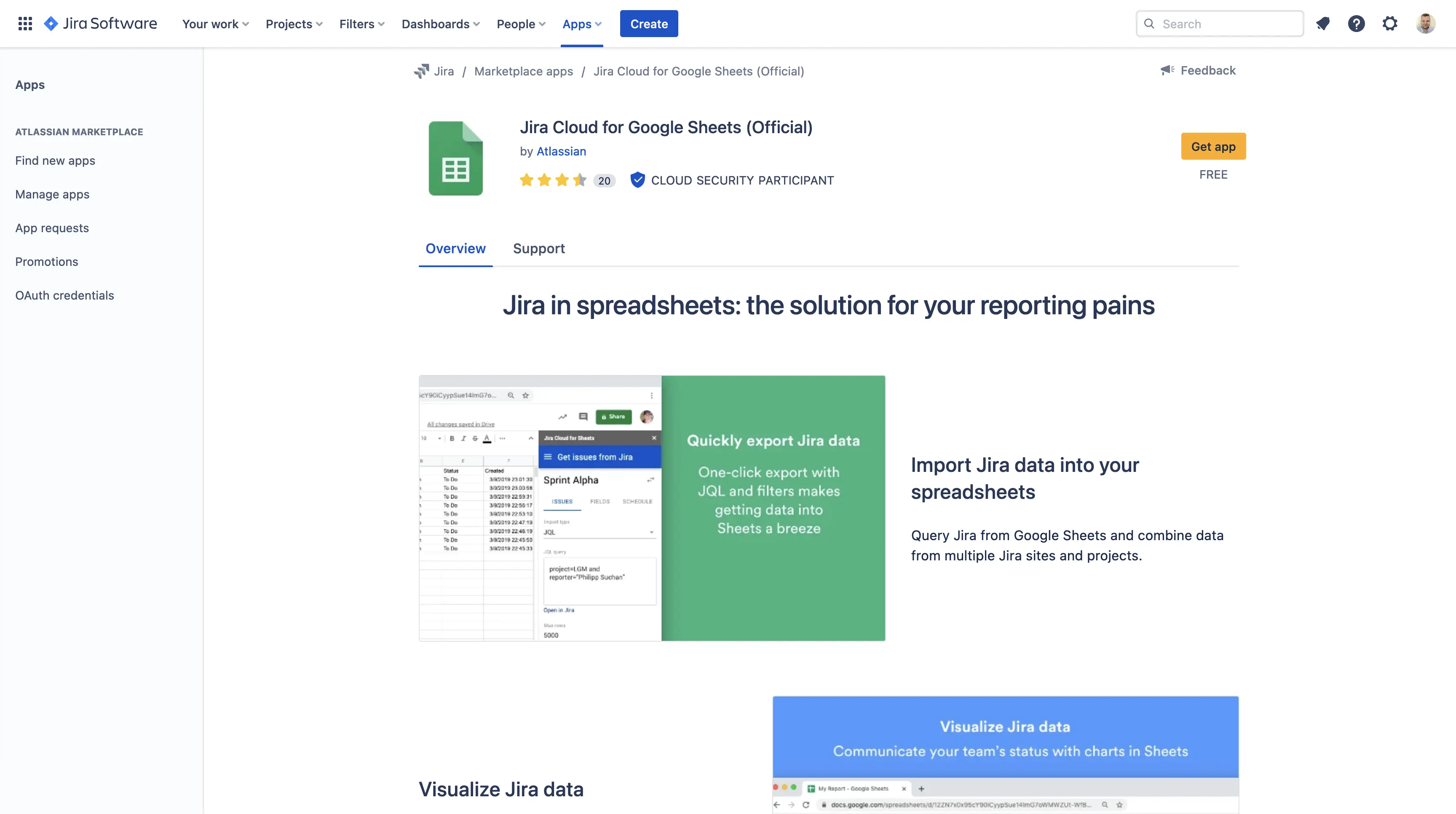Select the Jira Cloud for Google Sheets from the Atlassian marketplace