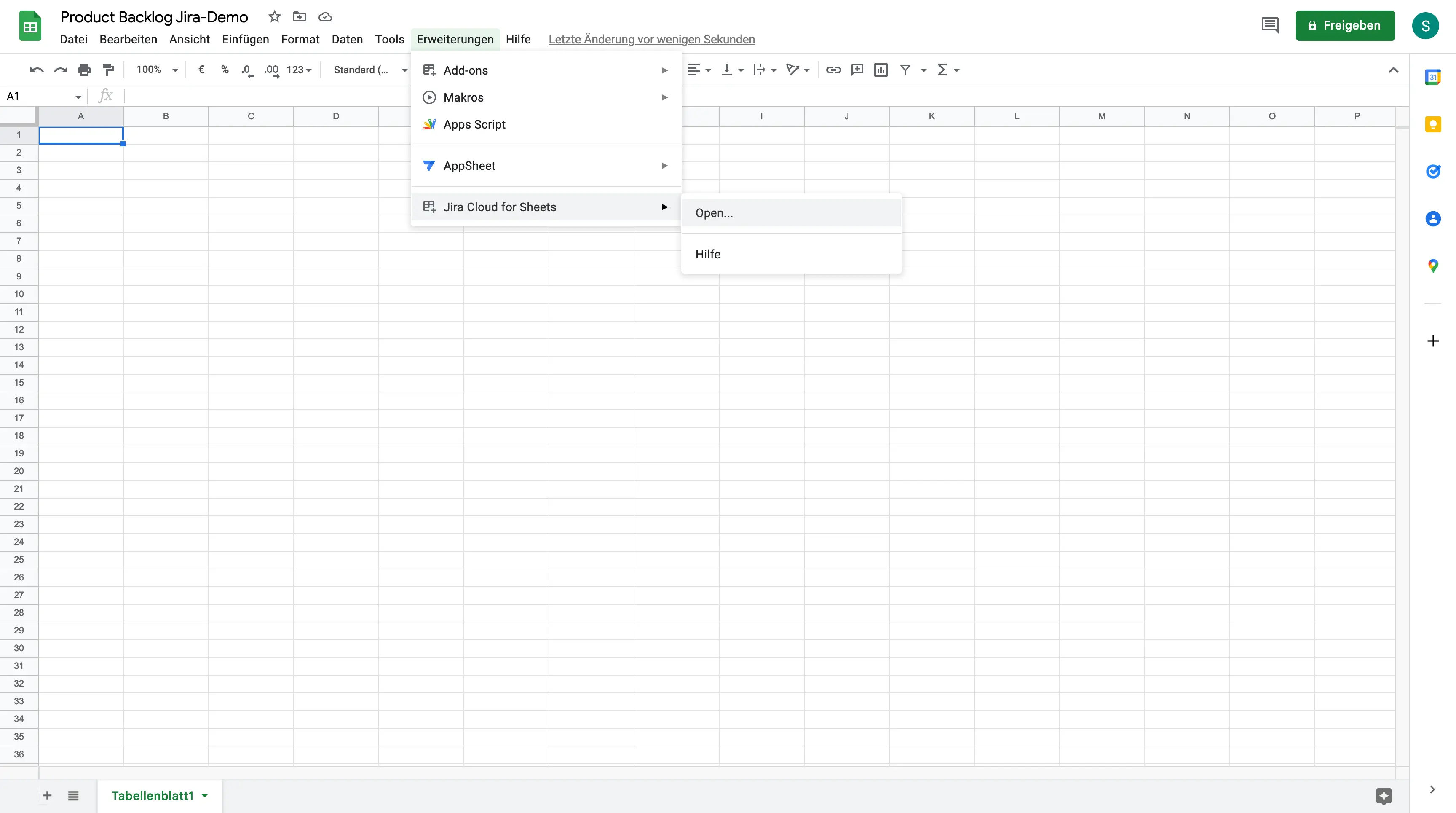 Google sheets with the Jira extensions in the menu