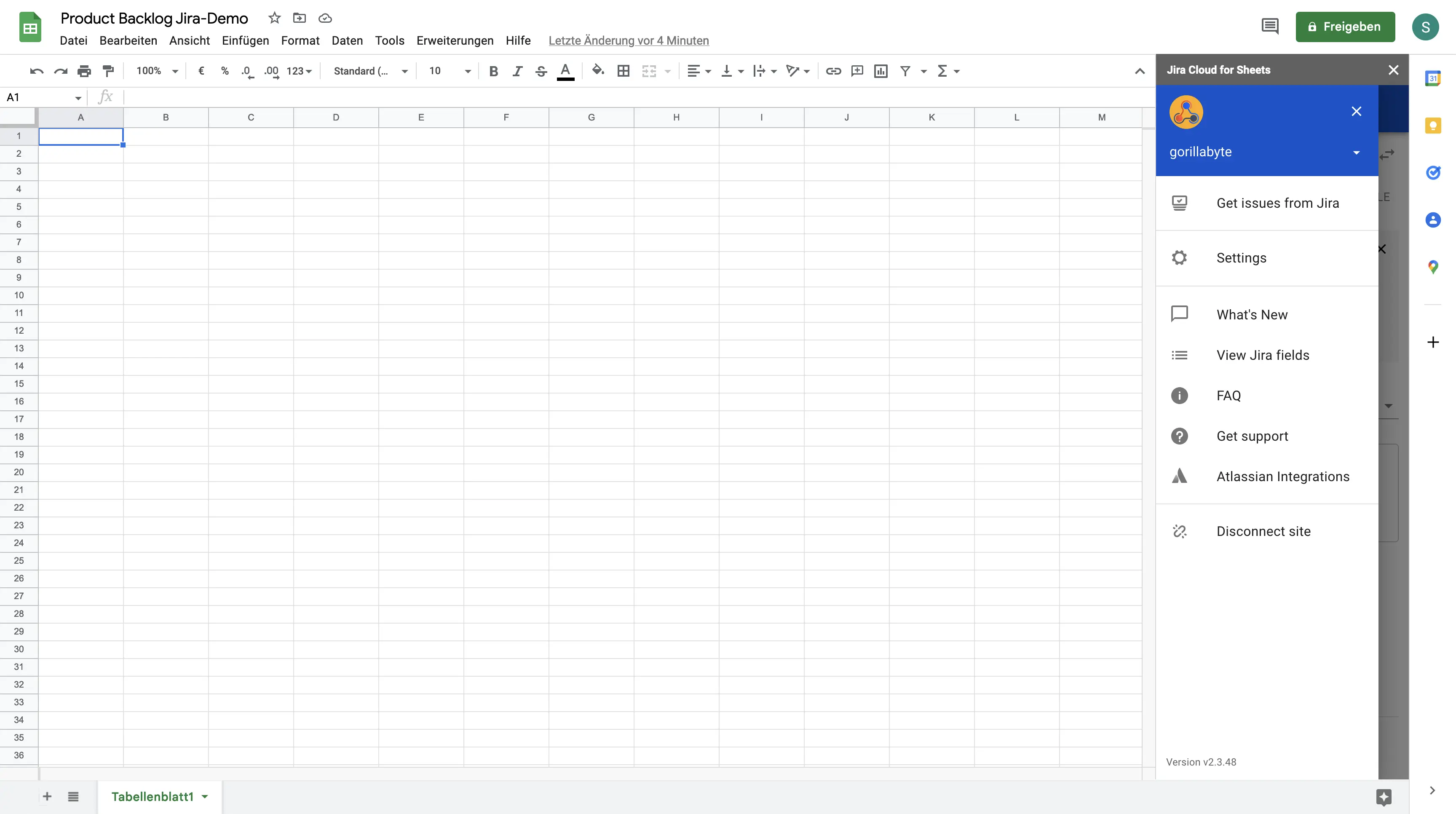 Google sheets with the successful connect Jira extension