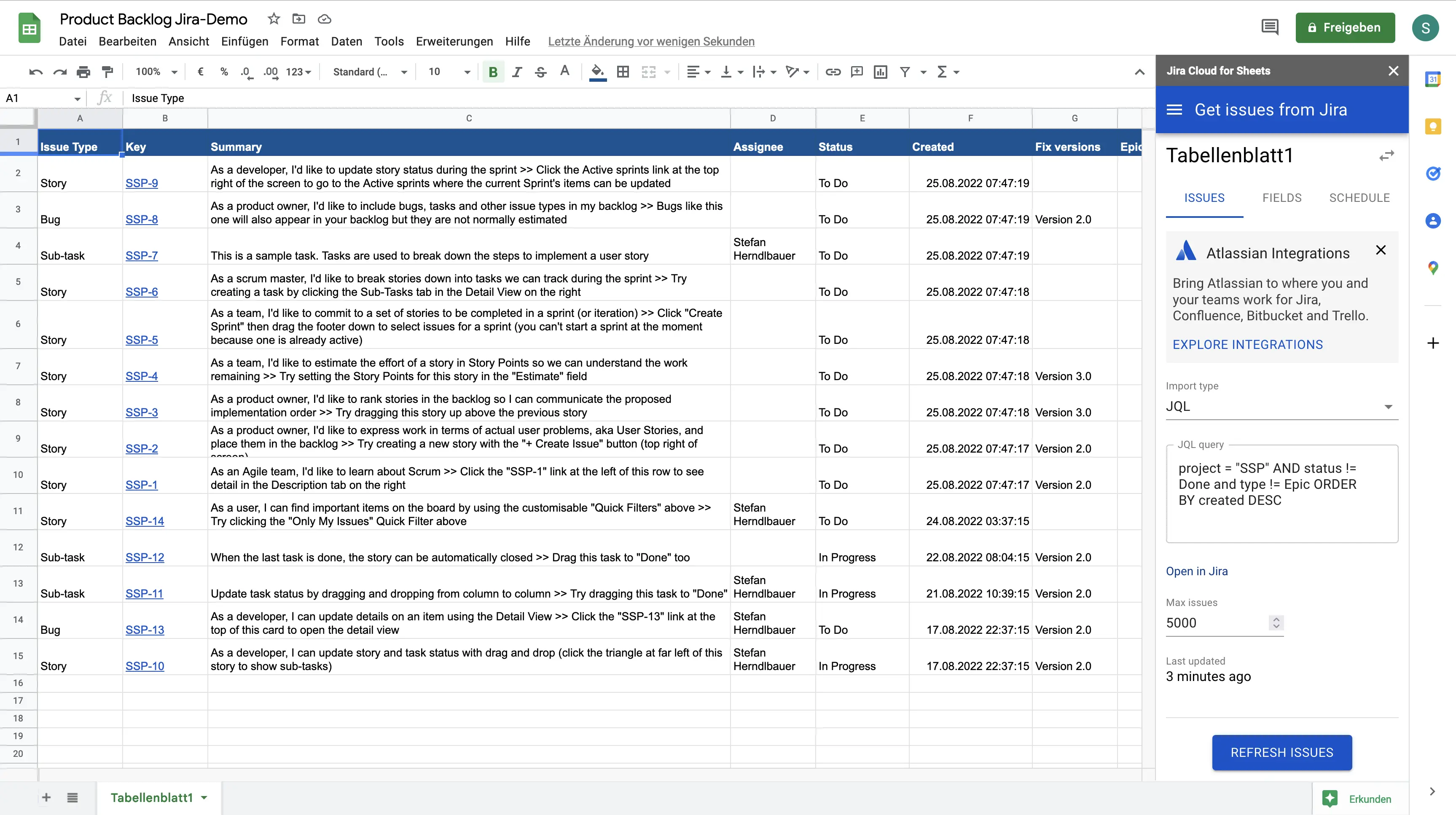 Google sheets with the fetched data from Jira