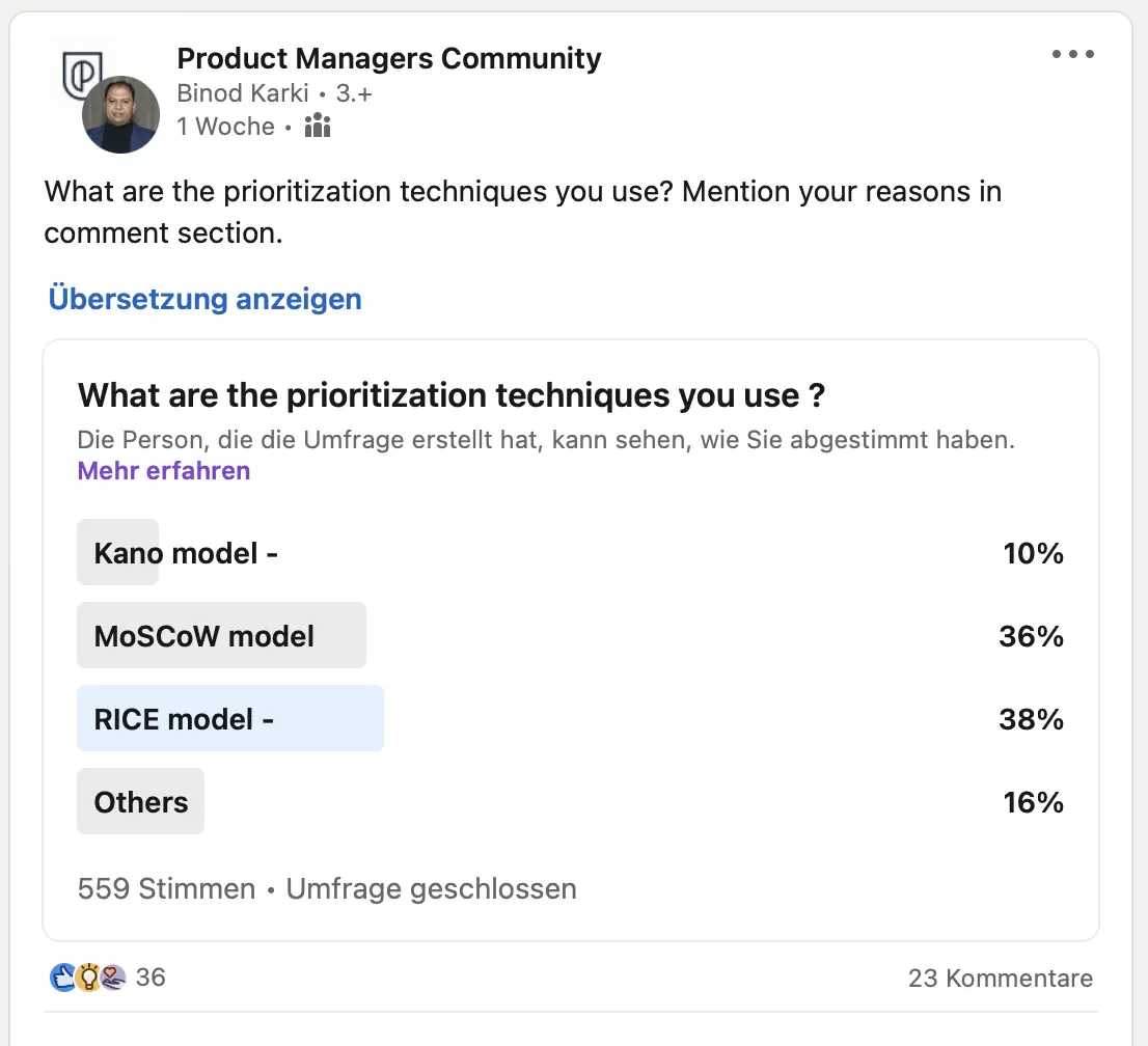 Recent poll from LinkedIn on the popularity of prioritization methods